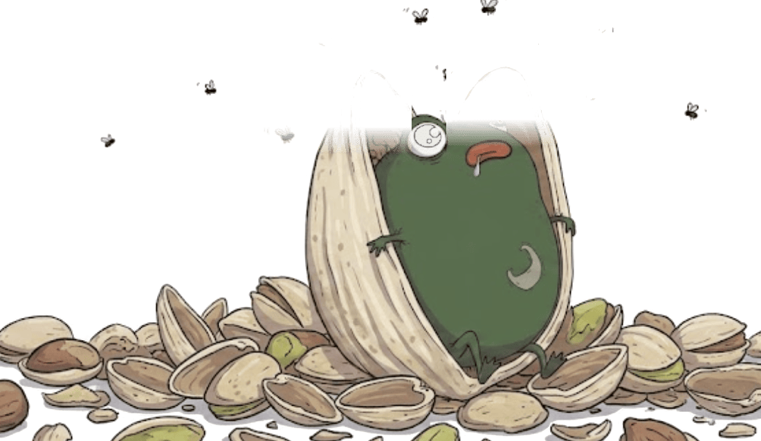 Shelltacio, a small green creature crying inside a cracked pistachio shell, sitting on a pile of shells, flies circling above